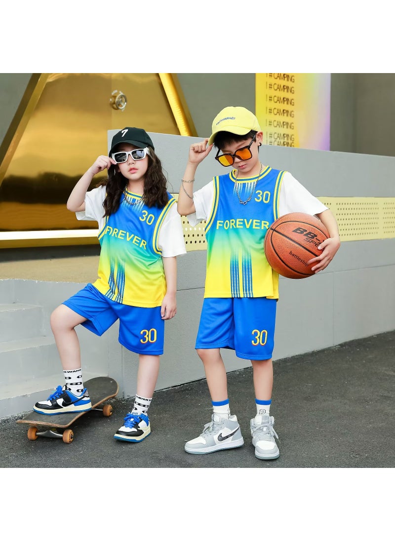 1 x 5 pcs Kids Basketball Jersey Set Short Sleeve Blue