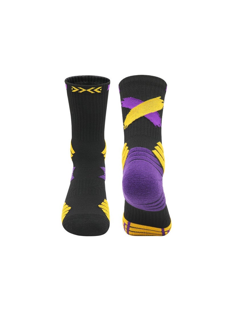 Mens Autumn Winter Basketball Socks Mid-Calf Sweat-Absorbent YCIA3368 Black/Purple