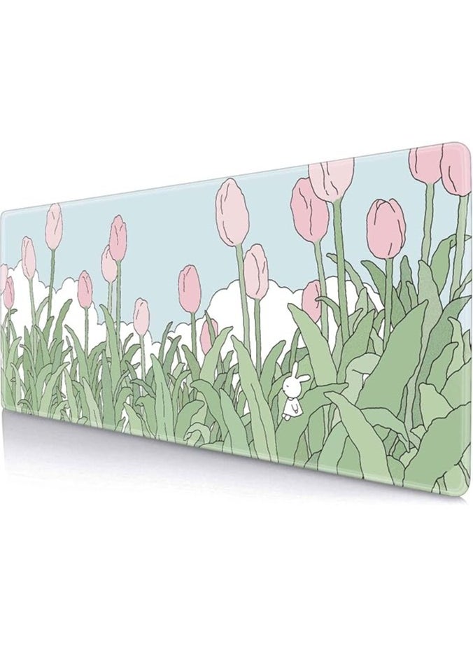 Pink Flowers Mouse Pad, Nature Mousepad Cute, Minimalistic Desk Mat, Bunny Anime Desk Pad, Extra Large Mouse Pad, 31.5 X 11.8 Inch, Aesthetic Wildflowers