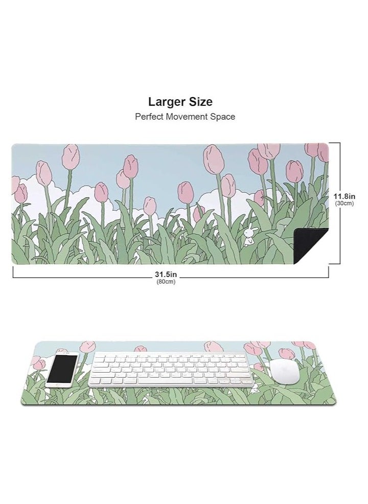 Pink Flowers Mouse Pad, Nature Mousepad Cute, Minimalistic Desk Mat, Bunny Anime Desk Pad, Extra Large Mouse Pad, 31.5 X 11.8 Inch, Aesthetic Wildflowers