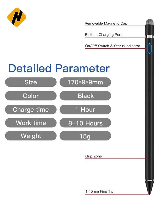 Stylus Pens for Touch Screens, 1.45mm High Precision and Sensitivity Point IPad Pencil Fine Point Active Smart Digital Pen for Tablet Work at iOS and Android Touch Screen (Black)