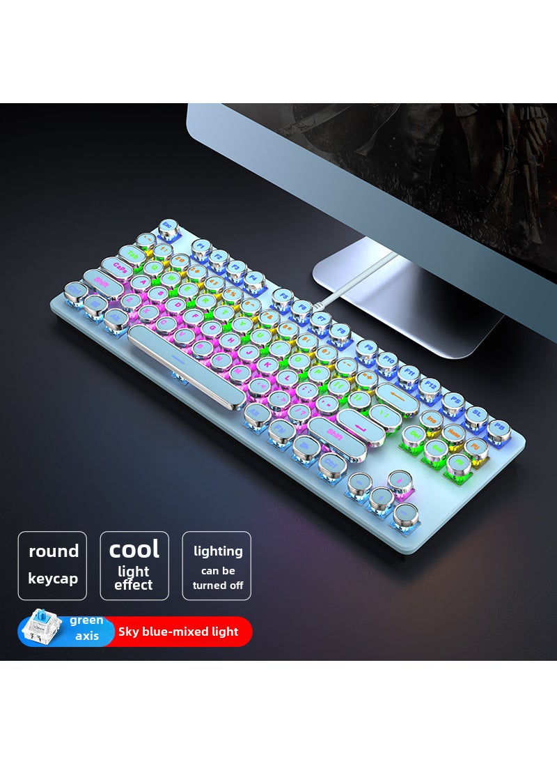 1 x 5 pcs TK100 Vintage Punk Mechanical Keyboard with Lighting Sky Blue [Mixed Light-Green Axis] 87 Key Punk Edition