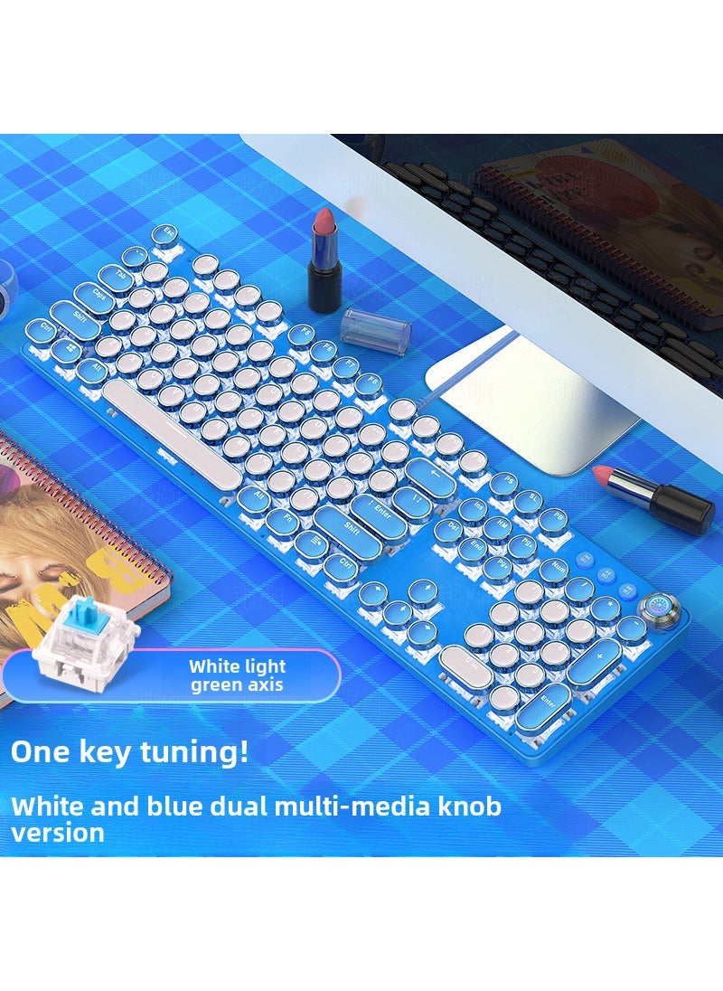 Pink Blue Round Key Punk Mechanical Keyboard White Blue [White Light/Green Shaft] Punk version with multimedia Knob