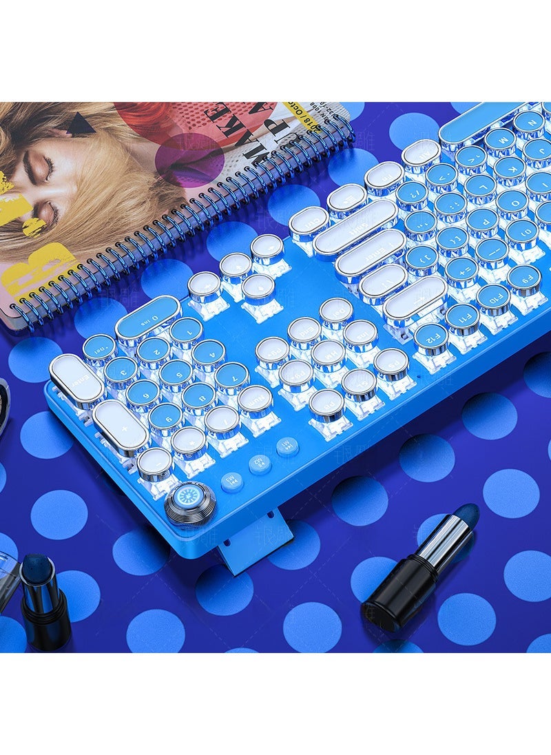 Pink Blue Round Key Punk Mechanical Keyboard White Blue [White Light/Green Shaft] Punk version with multimedia Knob