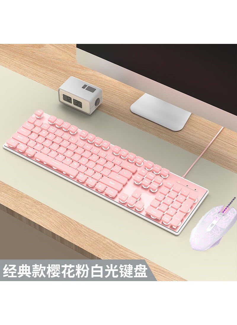 Slim Silent Keyboard  Mouse, Mechanical Feel, Wired Set: Pink White + White 6-button mouse