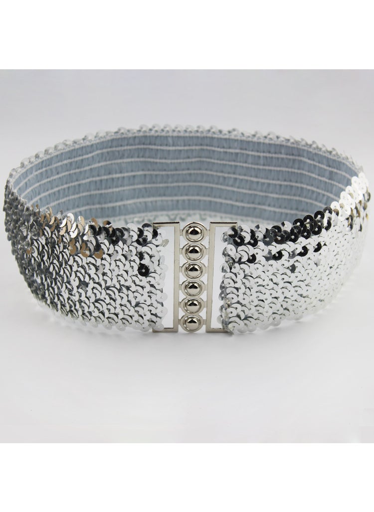 1 x 5 pcs Womens Double Buckle Sequin Belt Silver