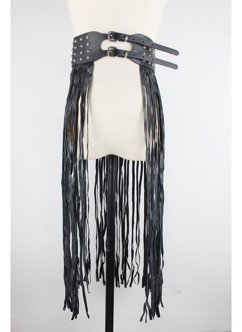 Punk Tassel Skirt Waistband Fashion Studded Belt Black