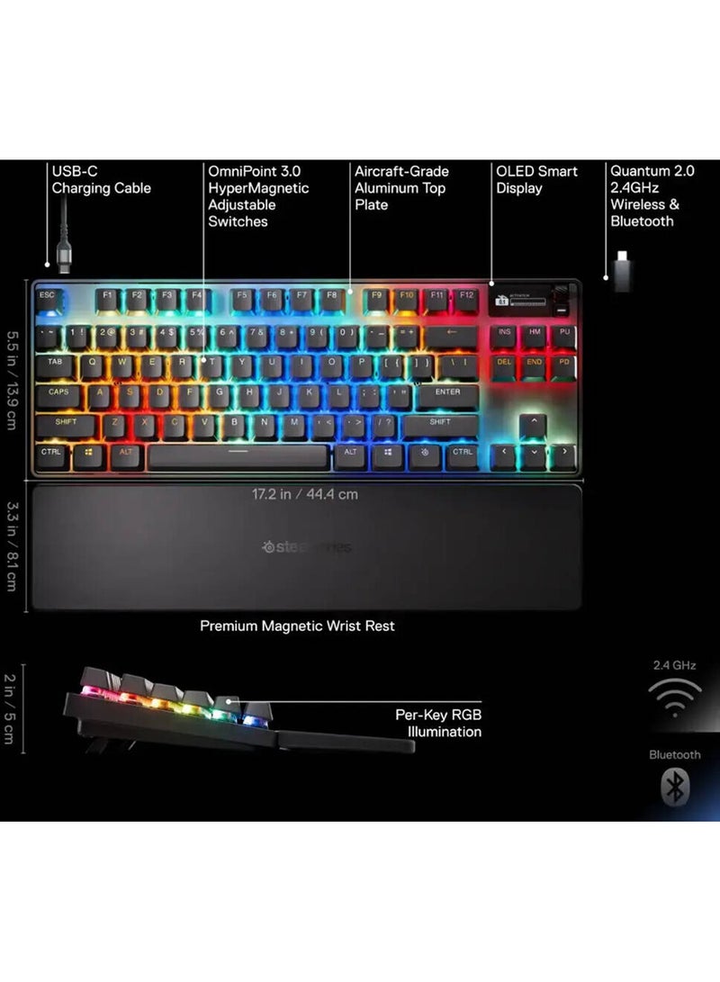 Apex Pro TKL Gen 3 Wireless Mechanical Gaming Keyboard, OmniPoint 3.0 Adjustable HyperMagnetic Switches, 0.7ms Response Time, Double-Shot PBT Keycaps, 37.5 hrs Battery Life (Wireless), 5 Custom Profiles, Per-Key RGB Lighting, OLED Smart Display, US English Layout, Wireless & Bluetooth Connectivity, Black | 64871