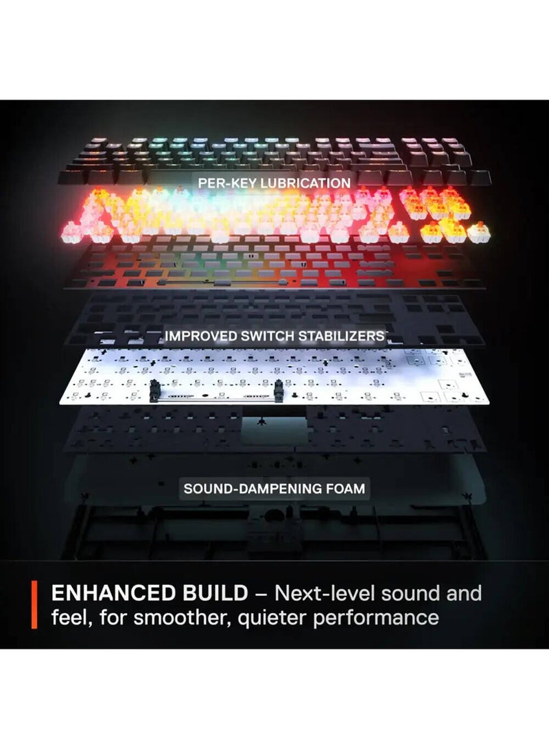 Apex Pro TKL Gen 3 Wireless Mechanical Gaming Keyboard, OmniPoint 3.0 Adjustable HyperMagnetic Switches, 0.7ms Response Time, Double-Shot PBT Keycaps, 37.5 hrs Battery Life (Wireless), 5 Custom Profiles, Per-Key RGB Lighting, OLED Smart Display, US English Layout, Wireless & Bluetooth Connectivity, Black | 64871