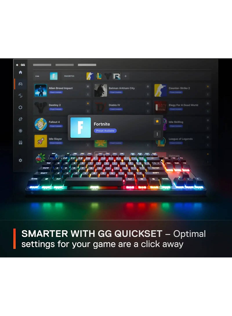 Apex Pro TKL Gen 3 Wireless Mechanical Gaming Keyboard, OmniPoint 3.0 Adjustable HyperMagnetic Switches, 0.7ms Response Time, Double-Shot PBT Keycaps, 37.5 hrs Battery Life (Wireless), 5 Custom Profiles, Per-Key RGB Lighting, OLED Smart Display, US English Layout, Wireless & Bluetooth Connectivity, Black | 64871