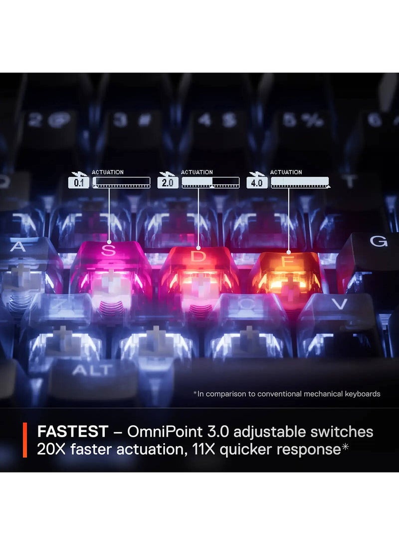 Apex Pro TKL Gen 3 Wireless Mechanical Gaming Keyboard, OmniPoint 3.0 Adjustable HyperMagnetic Switches, 0.7ms Response Time, Double-Shot PBT Keycaps, 37.5 hrs Battery Life (Wireless), 5 Custom Profiles, Per-Key RGB Lighting, OLED Smart Display, US English Layout, Wireless & Bluetooth Connectivity, Black | 64871