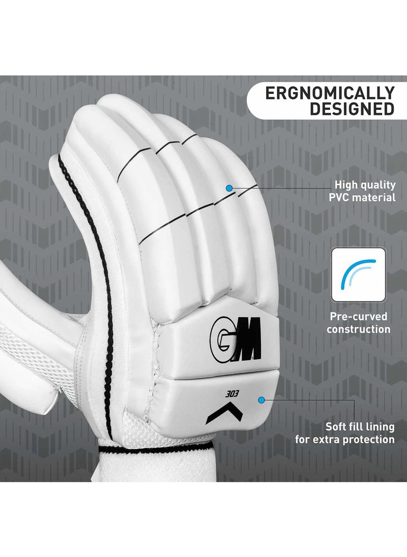 303 Cricket Batting Glove (Colour: White, Size: Boys) | Closure Type: Hook and Loop | For Right-Hand batsman | Cricket Batting Glove for Protection | Ergonomically Designed