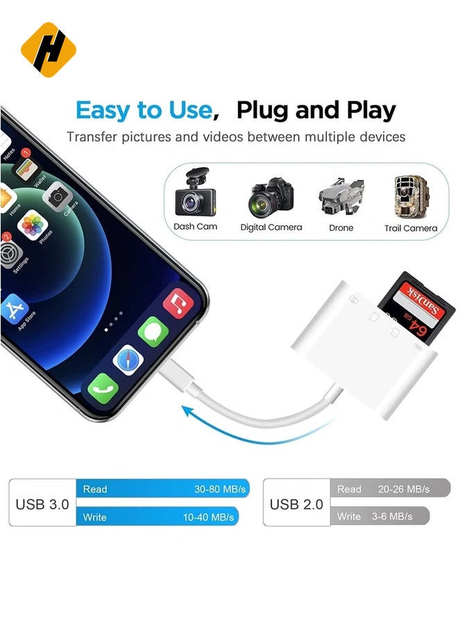 SD Card Reader for iPhone iPad, Portable USB Camera Adapter 3 in 1 USB Female OTG Adapter Compatible SD/TF Card