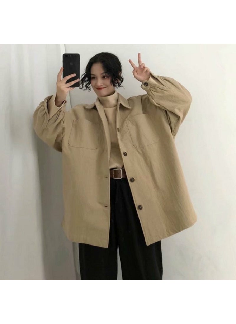 1 x 5 pcs Winter Harajuku Port Vintage BF Loose Coat Casual Womens Overshirt Khaki