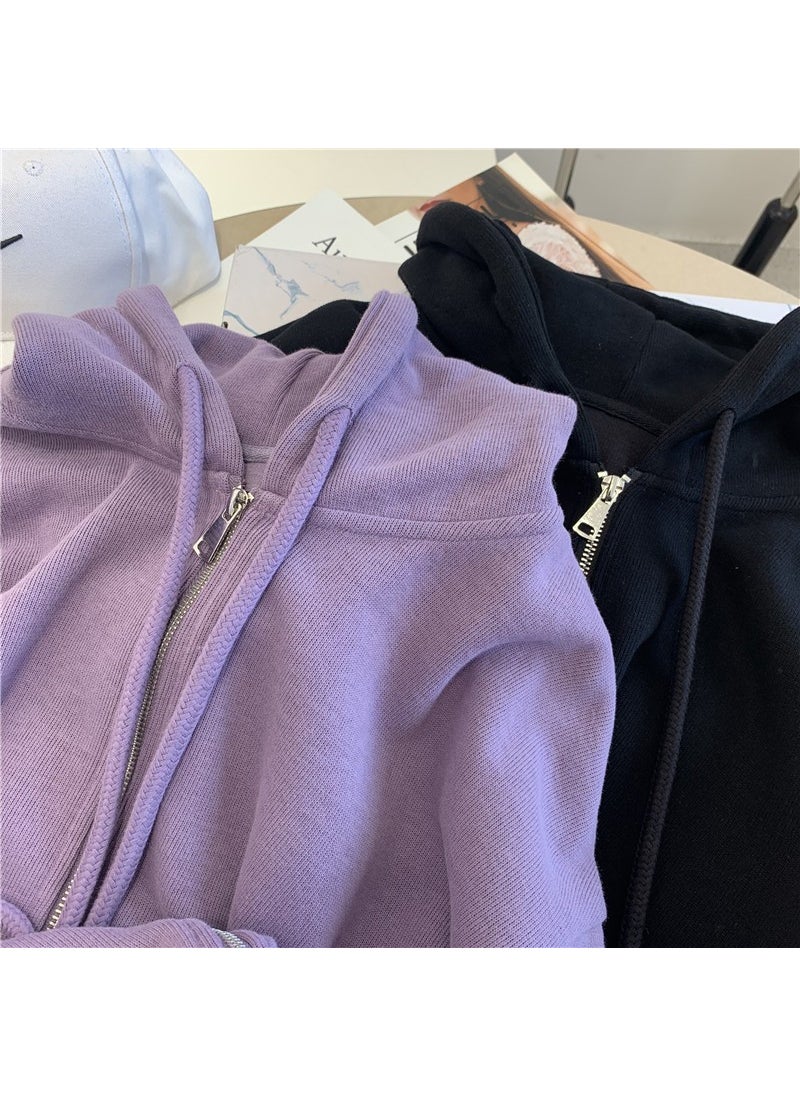 Half-Zip Loose Long-Sleeve Hooded Sweatshirt Purple