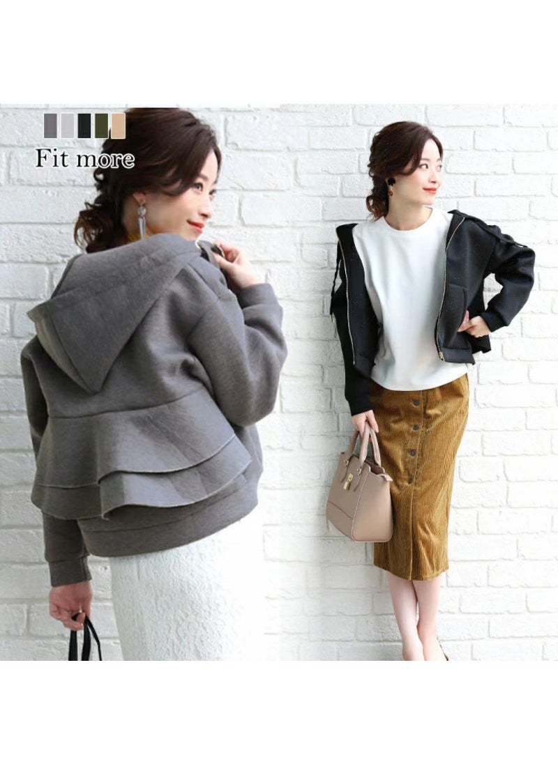 Hooded Loose Womens Sweatshirt with Ruffle Hem Autumn Winter Apricot