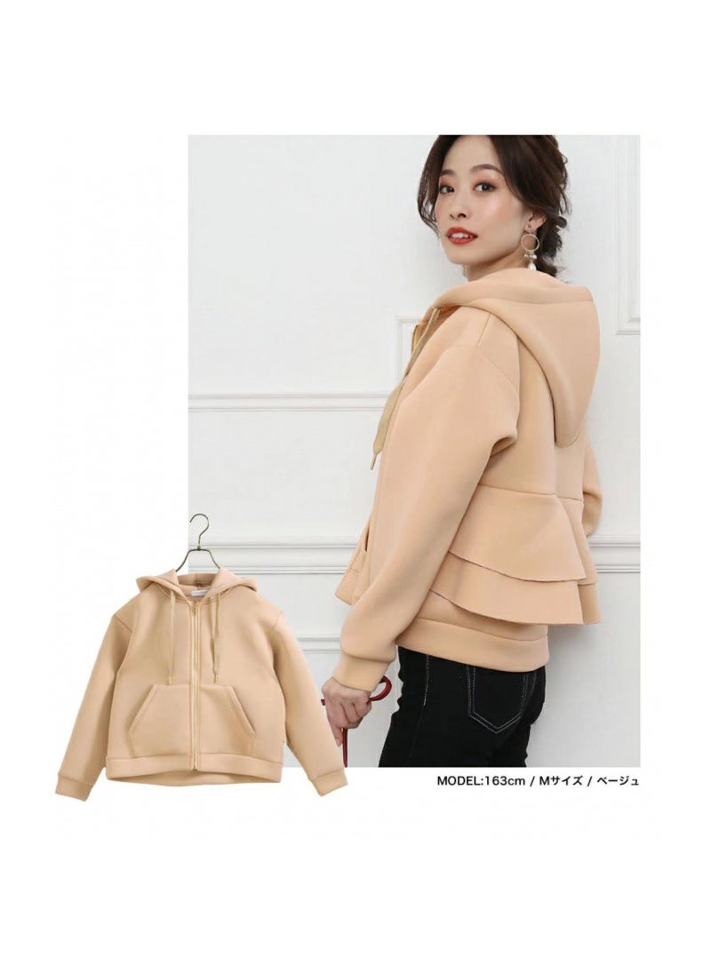 Hooded Loose Womens Sweatshirt with Ruffle Hem Autumn Winter Apricot