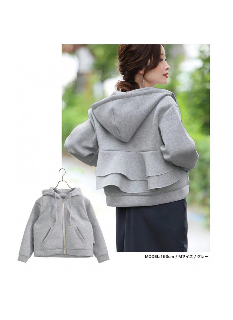 Hooded Loose Womens Sweatshirt with Ruffle Hem Autumn Winter Light gray