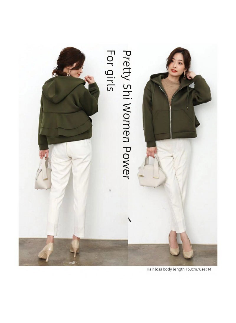 Hooded Loose Womens Sweatshirt with Ruffle Hem Autumn Winter Army Green