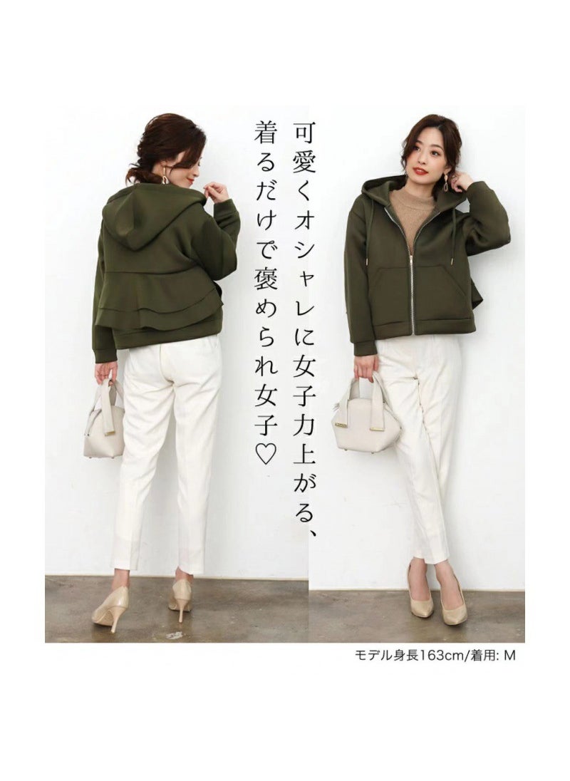 Hooded Loose Womens Sweatshirt with Ruffle Hem Autumn Winter Army Green