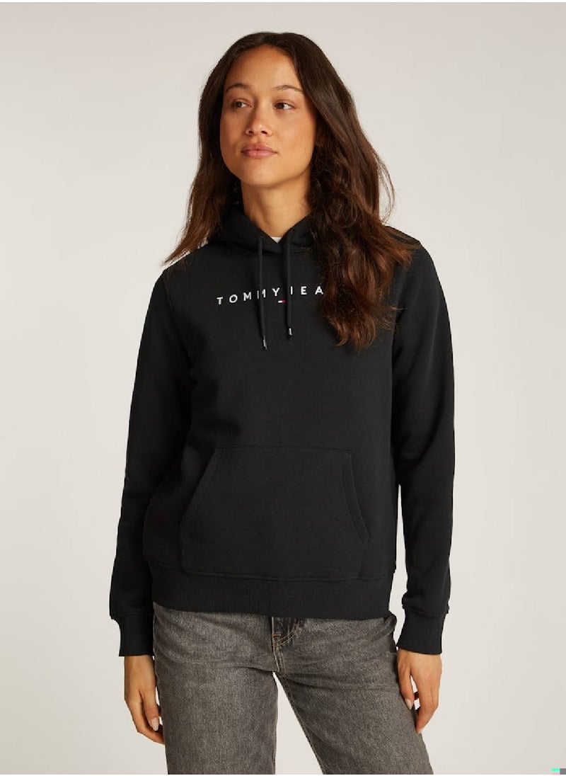 Women's Regular Fit Linear Hoodie , Black - Cotton