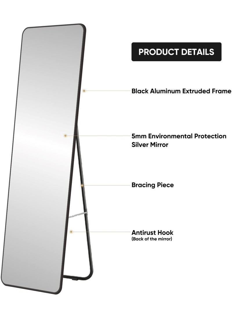 Aluminum Alloy Frame Floor Mirror With Stand Black 155 x 45 cm