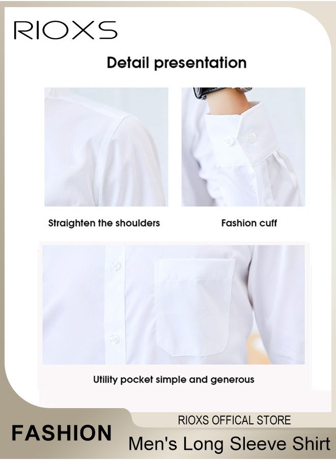 Men's White Long Sleeve Dress Shirt, Wrinkle Free Business Formal Shirt,  Slim Fit Button Down Shirt With Pocket, Mens Shirts For Office Wedding Party Graduation Ceremony