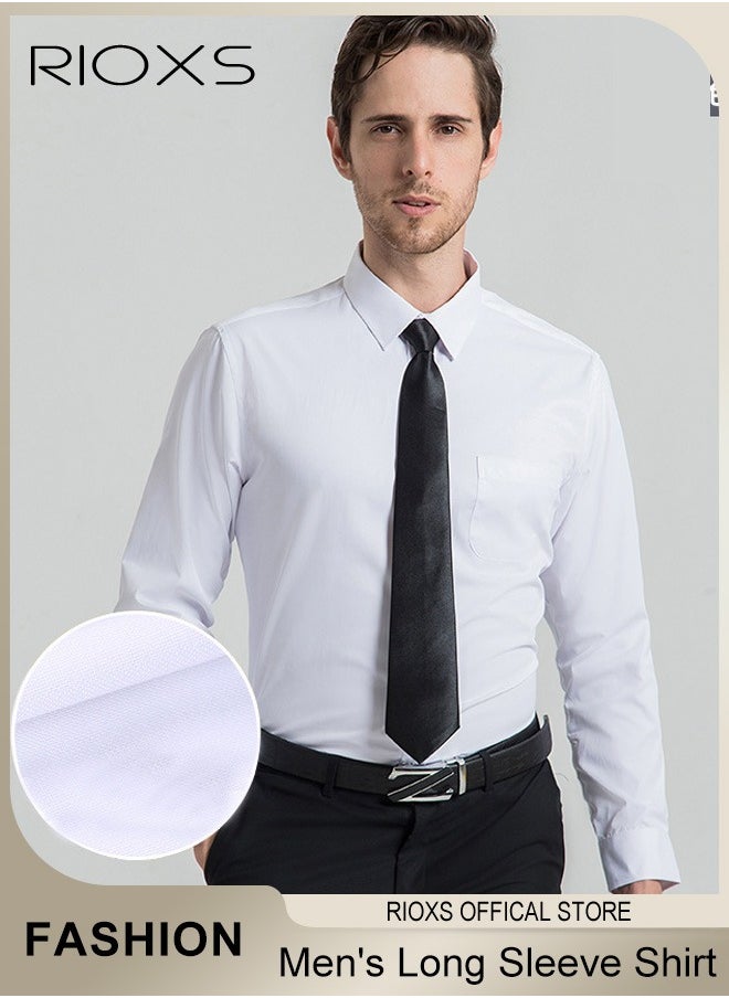 Men's White Long Sleeve Dress Shirt, Wrinkle Free Business Formal Shirt,  Slim Fit Button Down Shirt With Pocket, Mens Shirts For Office Wedding Party Graduation Ceremony