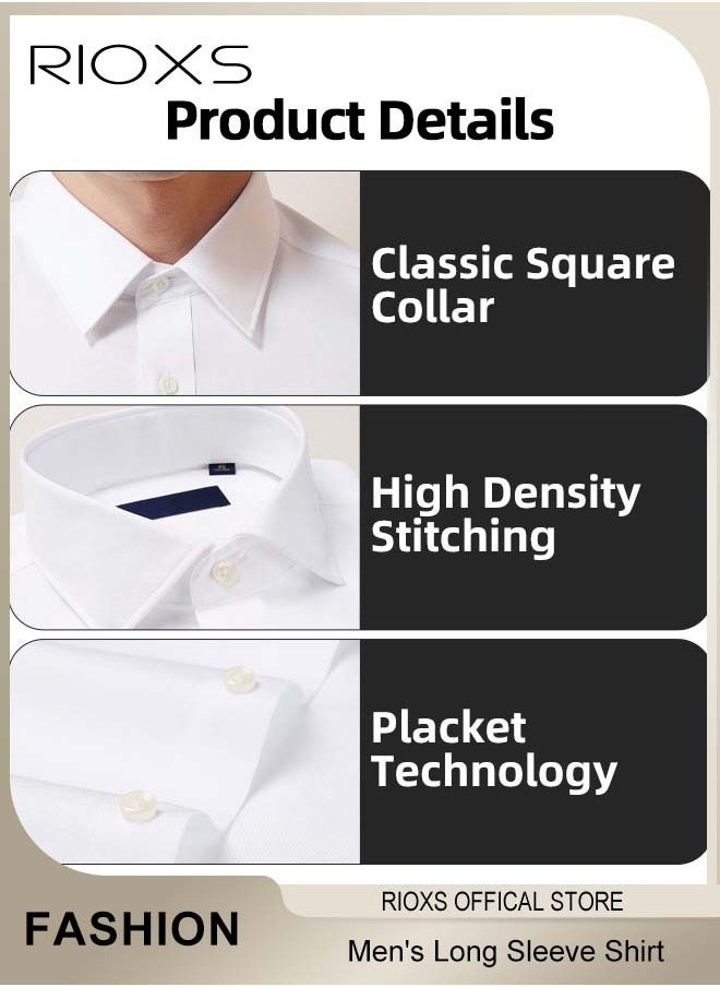 Men's White Long Sleeve Dress Shirt, Wrinkle Free Business Formal Shirt,  Slim Fit Button Down Shirt With Pocket, Mens Shirts For Office Wedding Party Graduation Ceremony