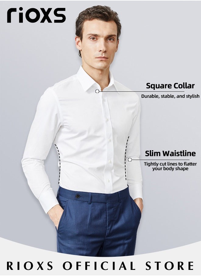 Men's White Long Sleeve Dress Shirt, Wrinkle Free Business Formal Shirt,  Slim Fit Button Down Shirt With Pocket, Mens Shirts For Office Wedding Party Graduation Ceremony