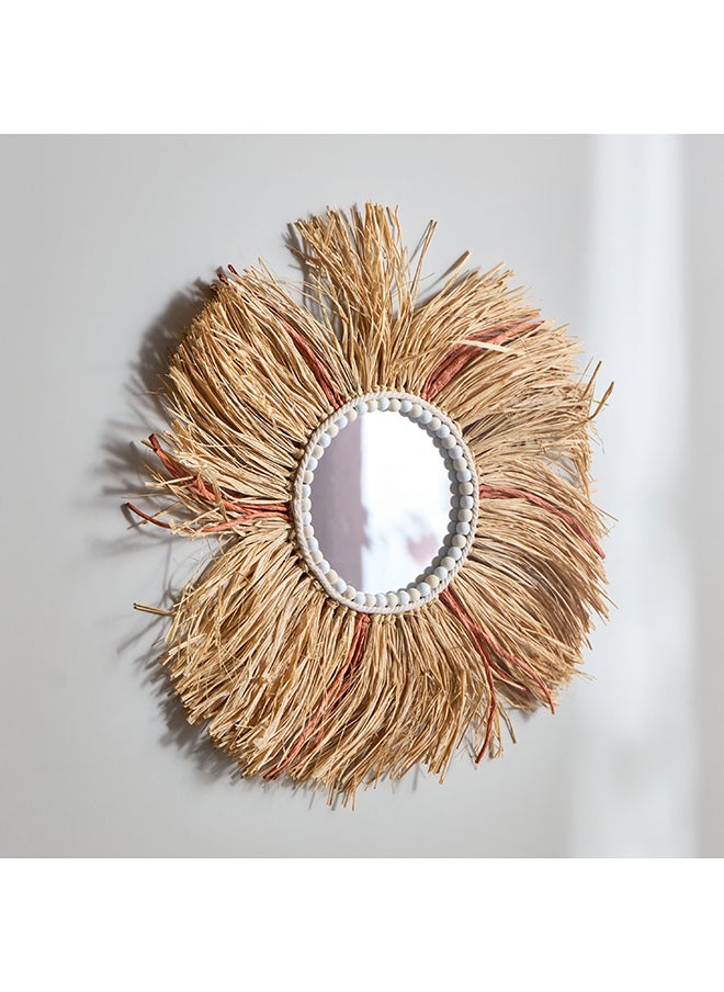 Rotana Wooden Bead Trim Wire Mirror with Raffia and Paper Tassel 55 x 55 cm