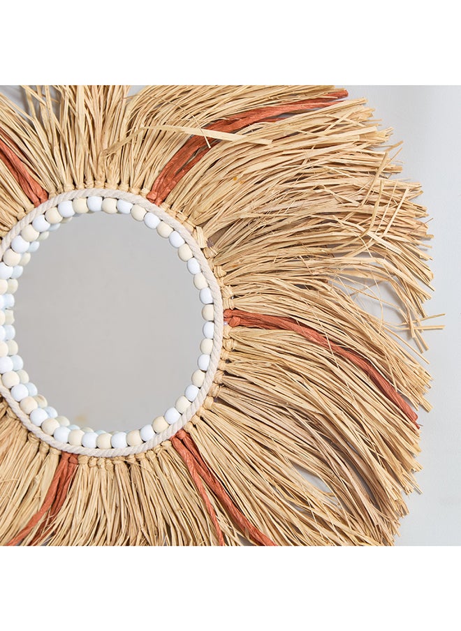 Rotana Wooden Bead Trim Wire Mirror with Raffia and Paper Tassel 55 x 55 cm