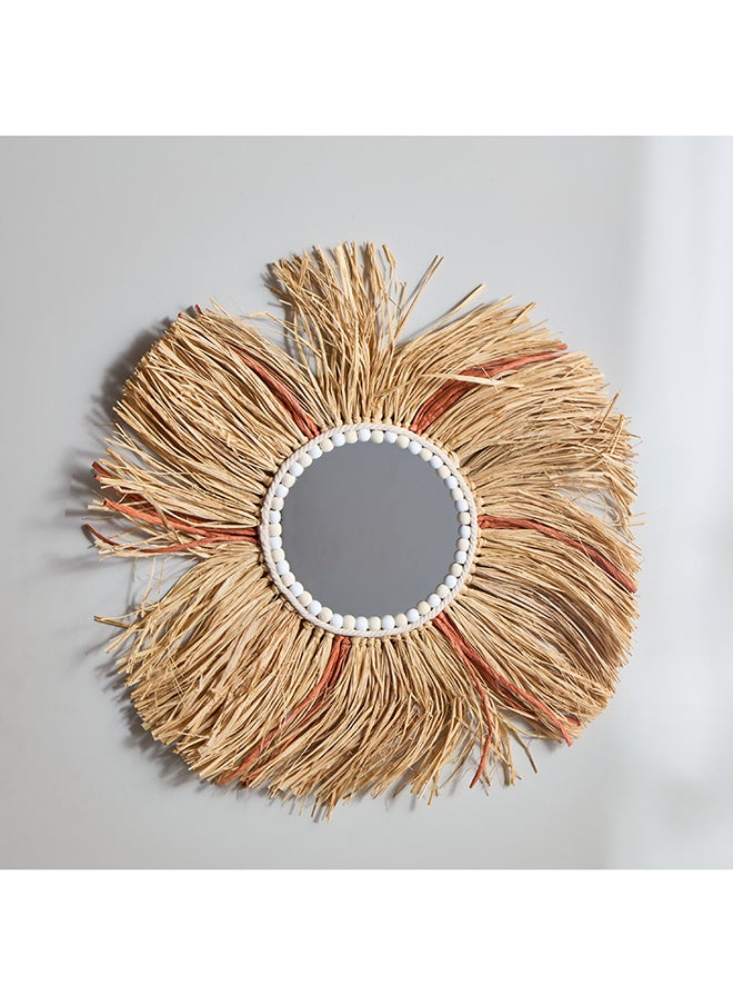 Rotana Wooden Bead Trim Wire Mirror with Raffia and Paper Tassel 55 x 55 cm