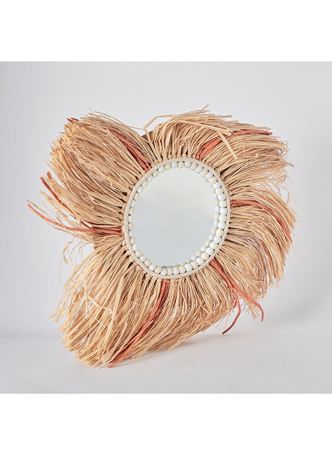 Rotana Wooden Bead Trim Wire Mirror with Raffia and Paper Tassel 55 x 55 cm