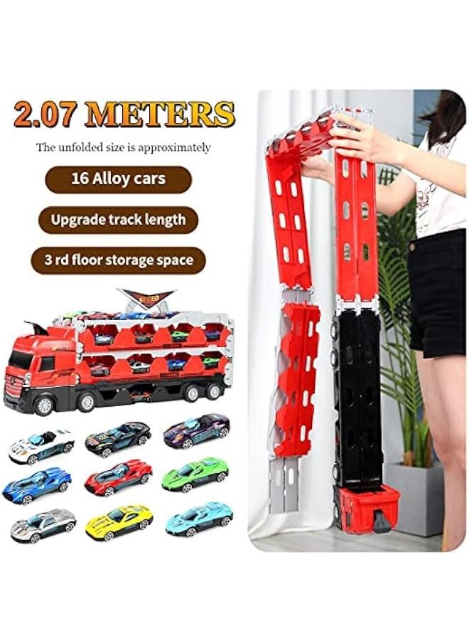 Kids Car Transporter Truck Toy Set, Mega Hauler Carrier Trucks with 201cm Ejection Race Track and 16PCS Metal Racing Cars for 4 5 6 7 8 Years Old Kids Boys Gift