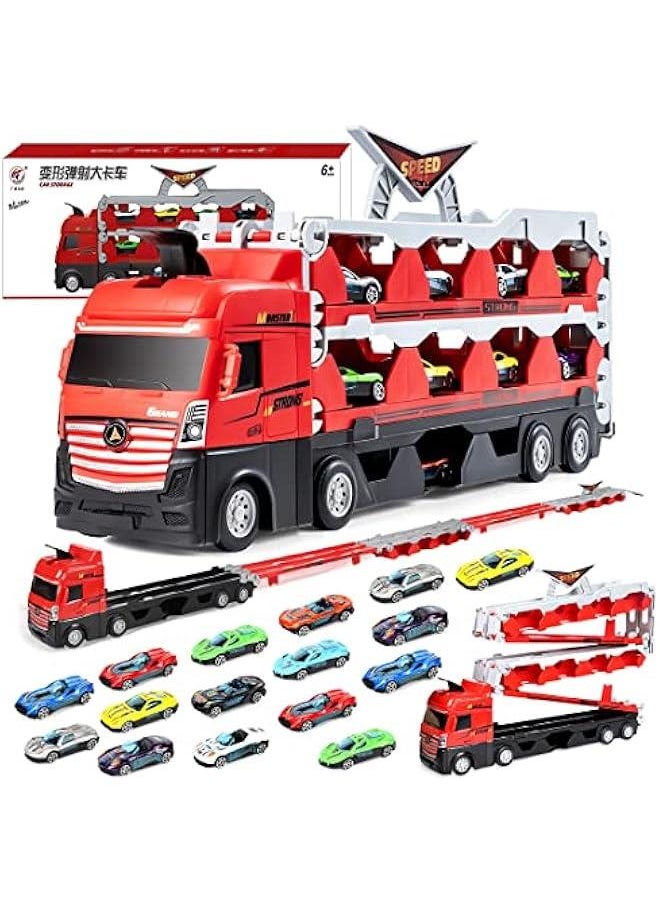 Kids Car Transporter Truck Toy Set, Mega Hauler Carrier Trucks with 201cm Ejection Race Track and 16PCS Metal Racing Cars for 4 5 6 7 8 Years Old Kids Boys Gift