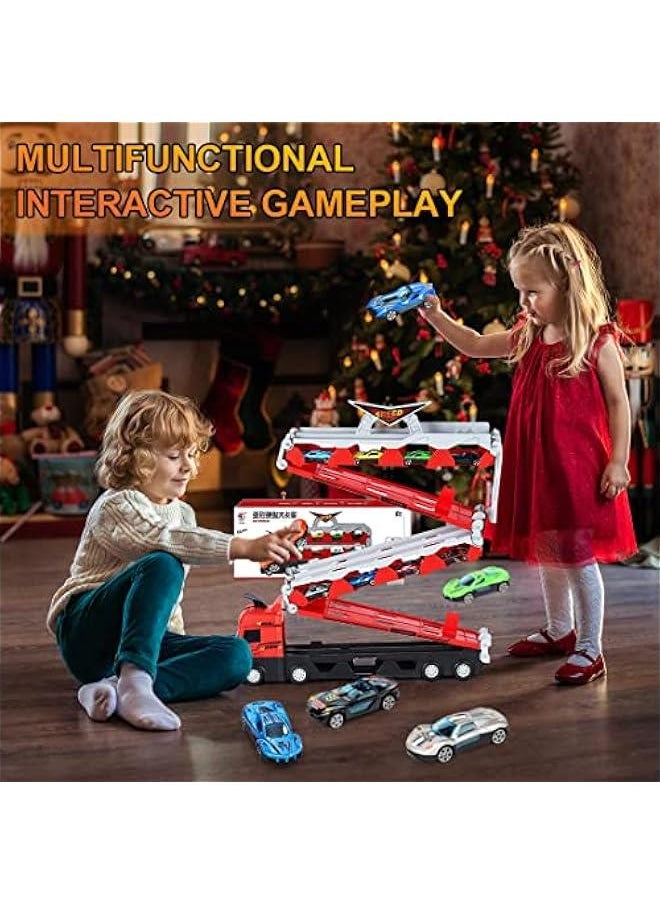 Kids Car Transporter Truck Toy Set, Mega Hauler Carrier Trucks with 201cm Ejection Race Track and 16PCS Metal Racing Cars for 4 5 6 7 8 Years Old Kids Boys Gift