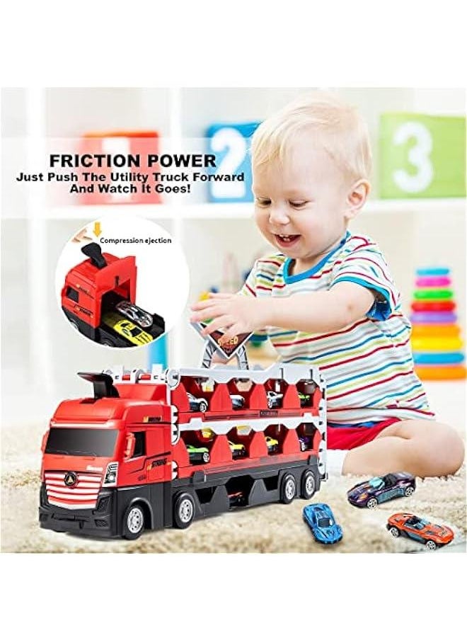 Kids Car Transporter Truck Toy Set, Mega Hauler Carrier Trucks with 201cm Ejection Race Track and 16PCS Metal Racing Cars for 4 5 6 7 8 Years Old Kids Boys Gift