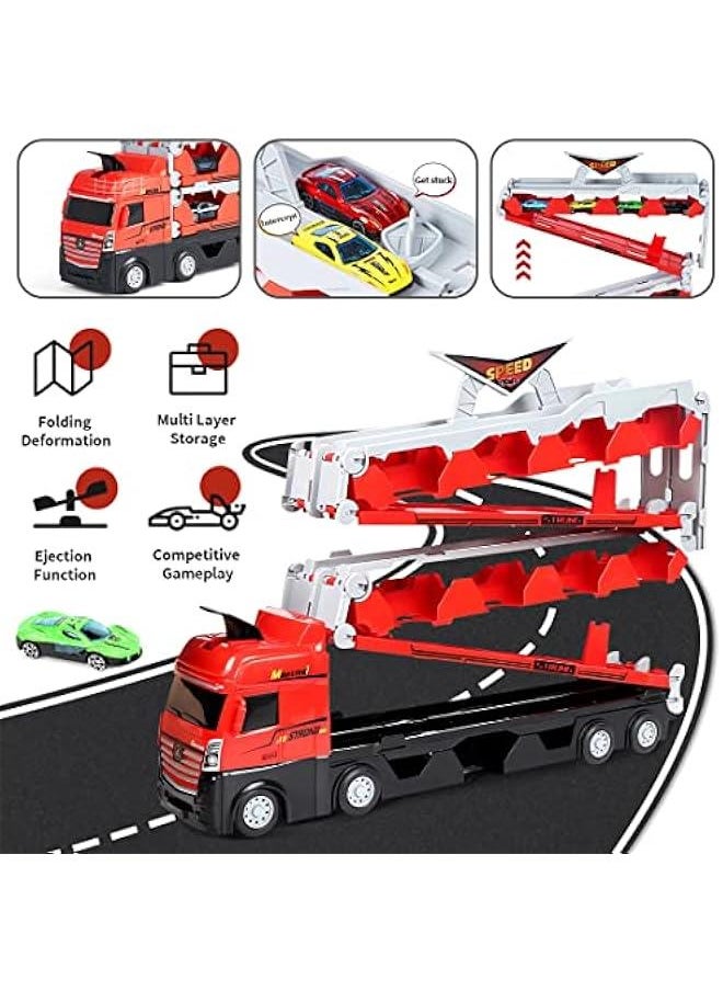 Kids Car Transporter Truck Toy Set, Mega Hauler Carrier Trucks with 201cm Ejection Race Track and 16PCS Metal Racing Cars for 4 5 6 7 8 Years Old Kids Boys Gift