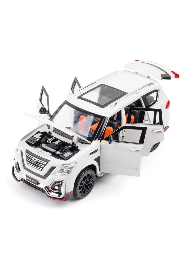 1:24 Diecast Model Alloy Nissan Patrol Metal Pull Back Car with Sound Light, 6 Openable Doors Toy Vehicles for Kids Gift (WHITE)