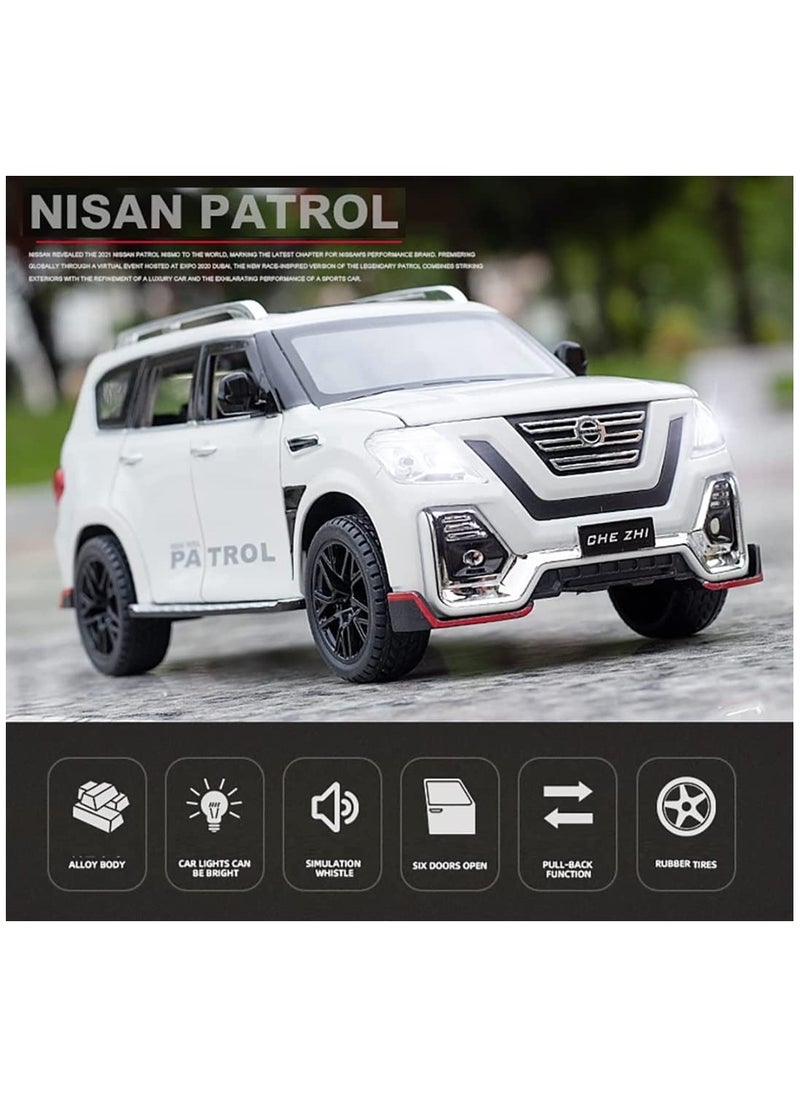 1:24 Diecast Model Alloy Nissan Patrol Metal Pull Back Car with Sound Light, 6 Openable Doors Toy Vehicles for Kids Gift (WHITE)