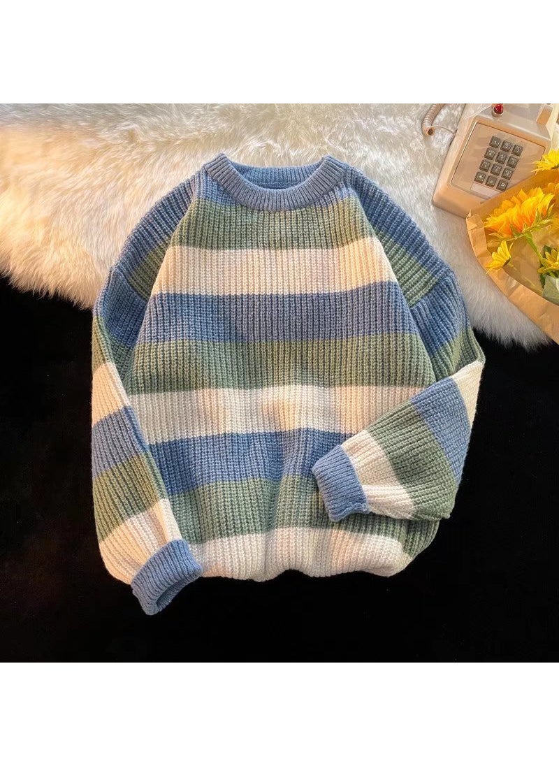 1 x 5 pcs Thick Stripe Sweater Men Autumn Winter Loose Knit Pullover Blue