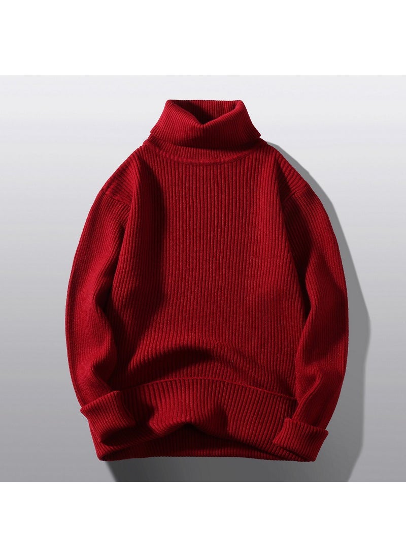 2024 Mens Turtleneck Sweater Autumn Winter Casual Solid Knitwear Burgundy