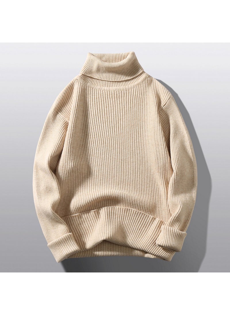 2024 Mens Turtleneck Sweater Autumn Winter Casual Solid Knitwear Beige