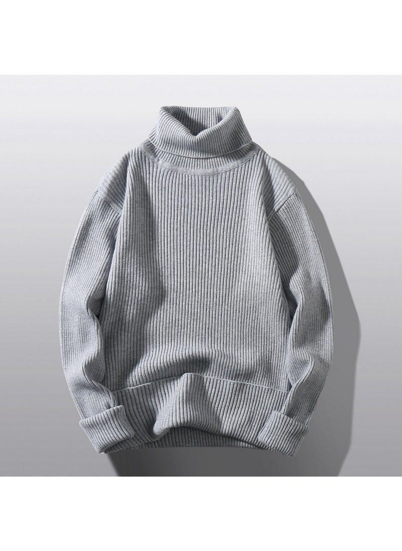 2024 Mens Turtleneck Sweater Autumn Winter Casual Solid Knitwear Grey