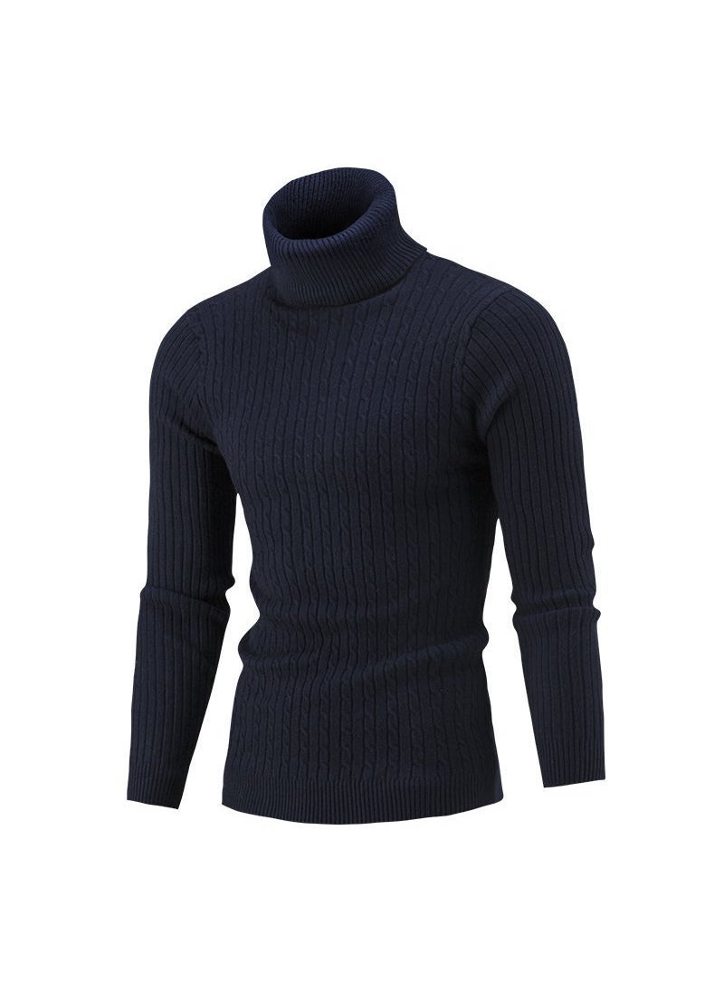 Mens Fashion Turtleneck Sweater Solid Casual Knitwear Navy blue