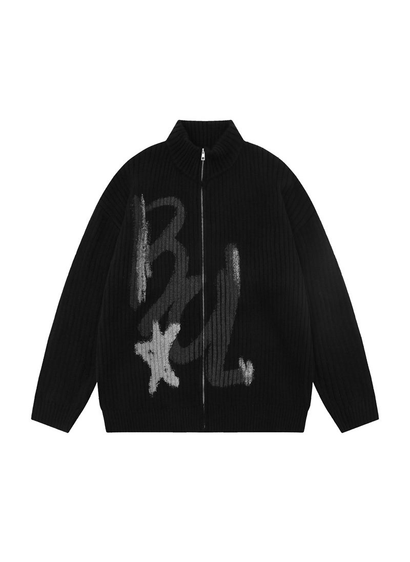 1 x 5 pcs Hip Hop Graffiti Knit Cardigan Unisex Oversized Black