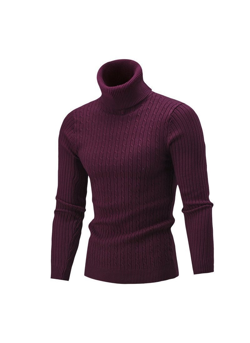 Mens Fashion Turtleneck Sweater Solid Casual Knitwear Wine red