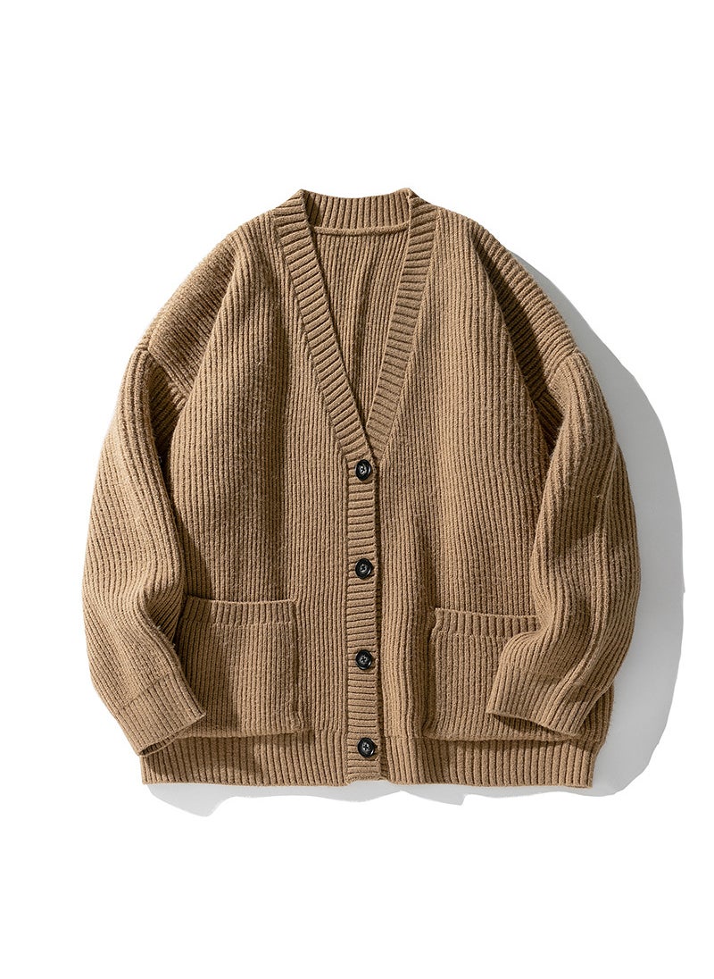 Heavyweight Textured Cardigan Knit Coat Mens Autumn Winter New Japanese Style Casual Solid Color Sweater Khaki