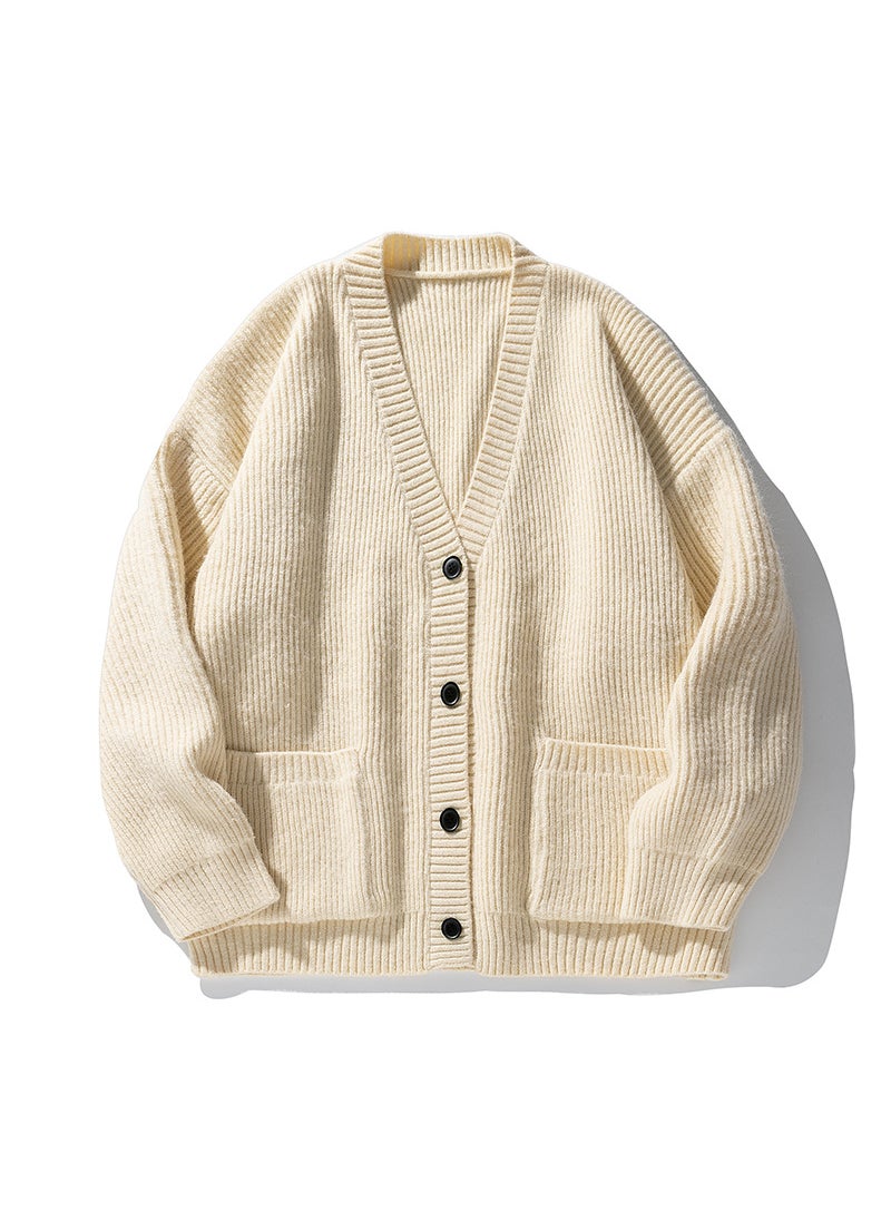 Heavyweight Textured Cardigan Knit Coat Mens Autumn Winter New Japanese Style Casual Solid Color Sweater Milky White